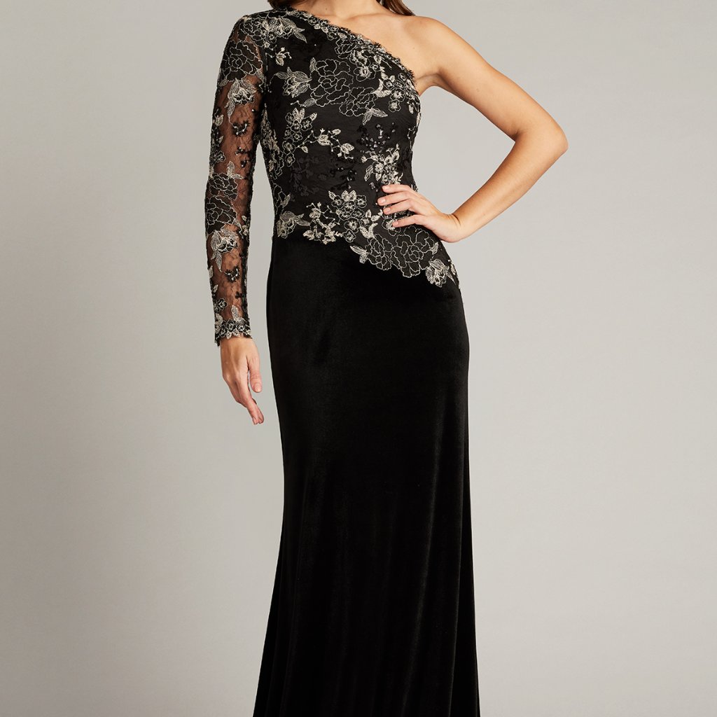 Tadashi Shoji Black Lace Bodice One Shoulder Velvet Gown